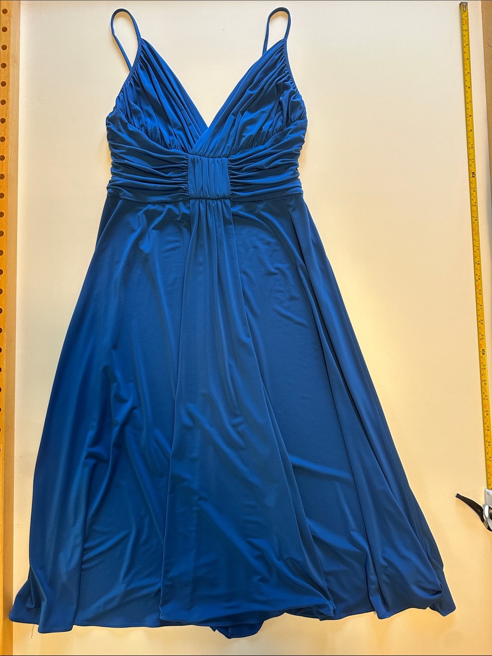 Donna Morgan Deep Blue Spaghetti Strap V-Neck Midi Dress